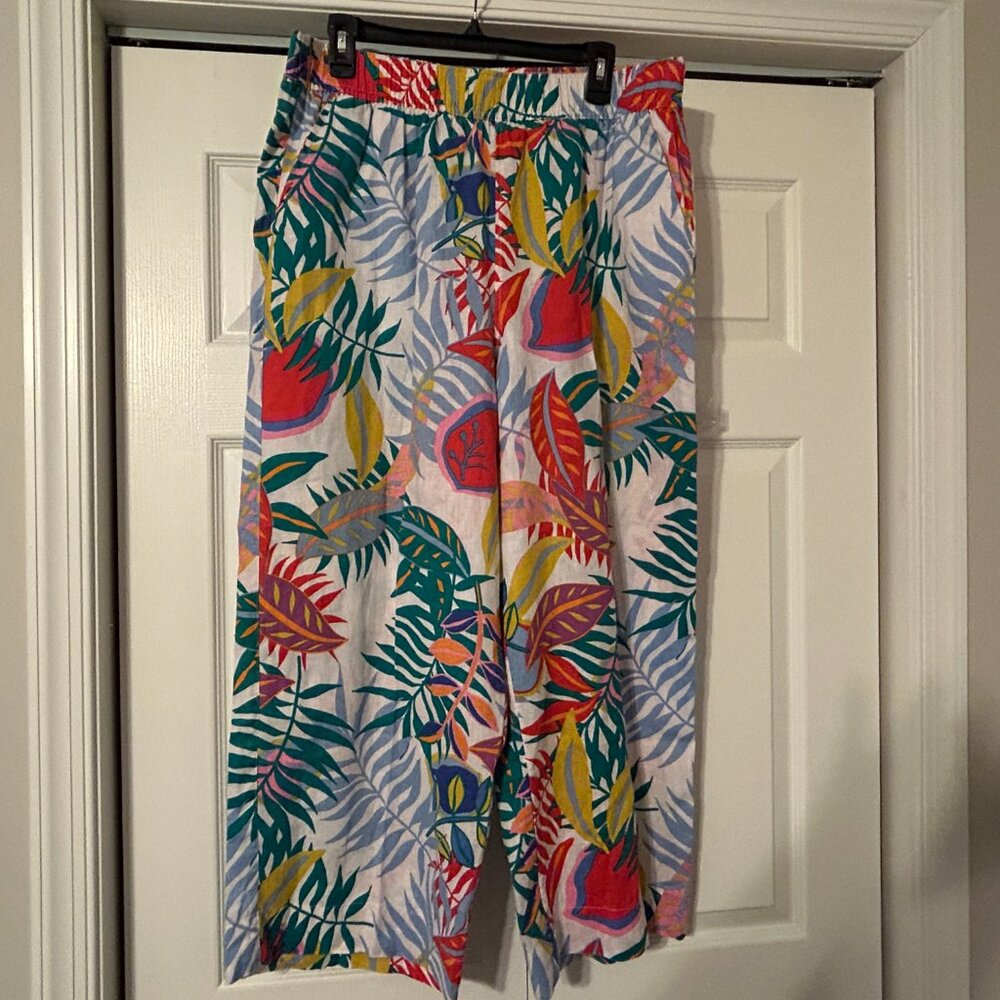 C & C California Sz XL Multi-Color Tropical Leaf Wide Leg Linen Pants w/ Pockets